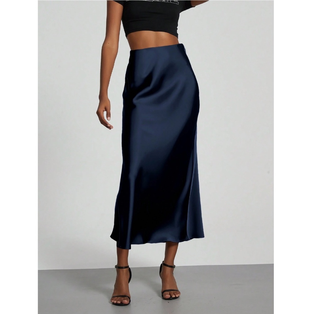 Navy Blue Satin A-Line Skirt High Waisted Long